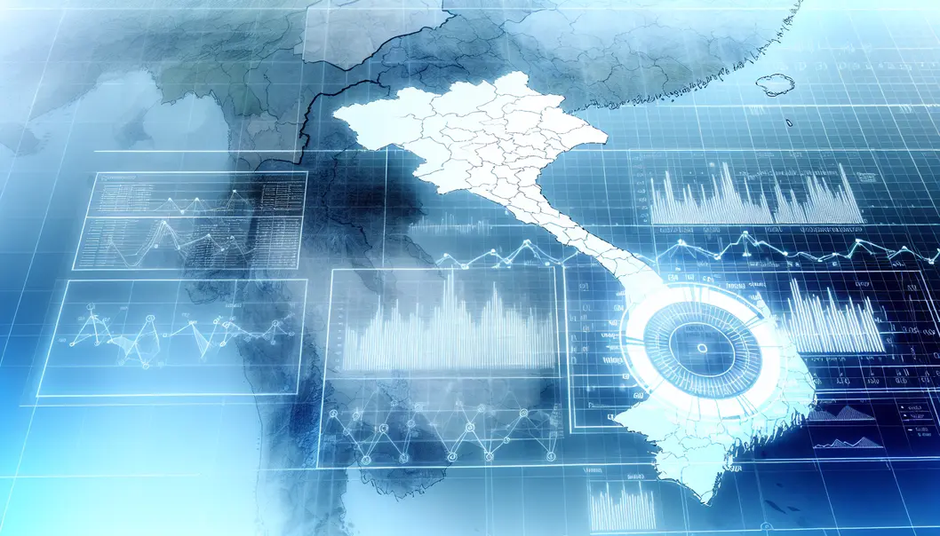 Image featuring graphs overlaid on a map of Vietnam, symbolizing analysis of U.S. tariffs' economic impact.