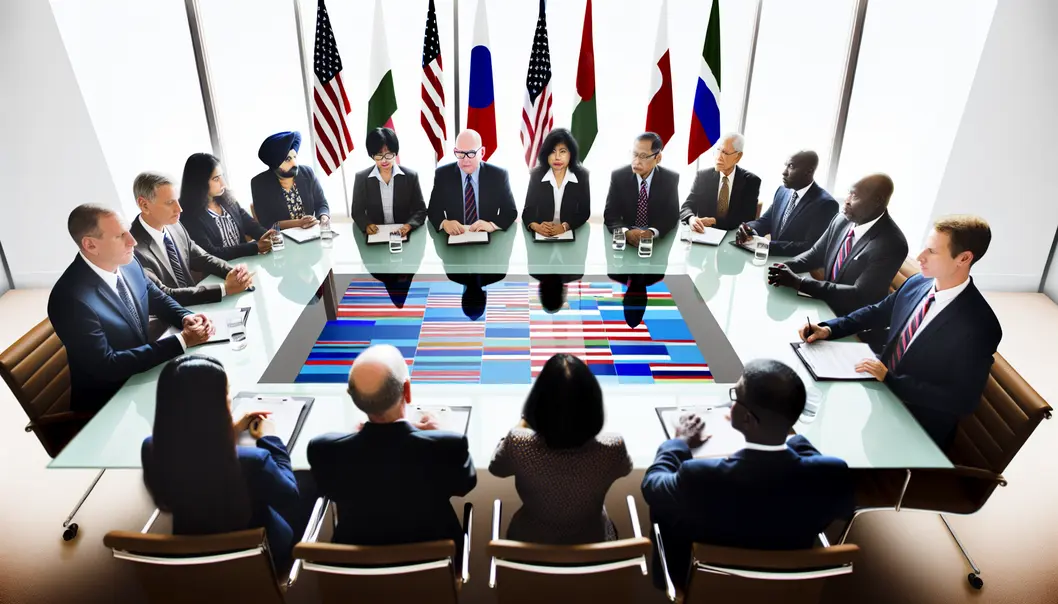 Diplomats discussing at a negotiation table amid the U.S. tariff postponement backdrop.